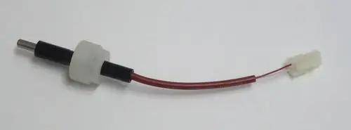 Abgasfühler von Daikin mit einem Metallstift, umgeben von Kunststoff, verbunden mit roten und weißen Kabeln und einem Anschlussstecker.
